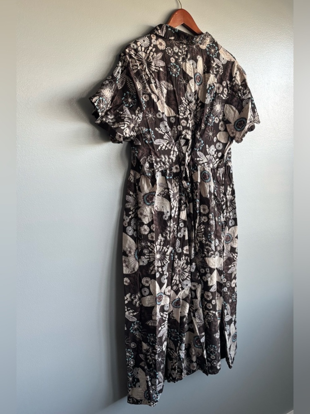 Serengeti Brown Tan Floral Full Button Short Sleeve Cotton Collar Midi Dress 2X - Picture 5 of 8